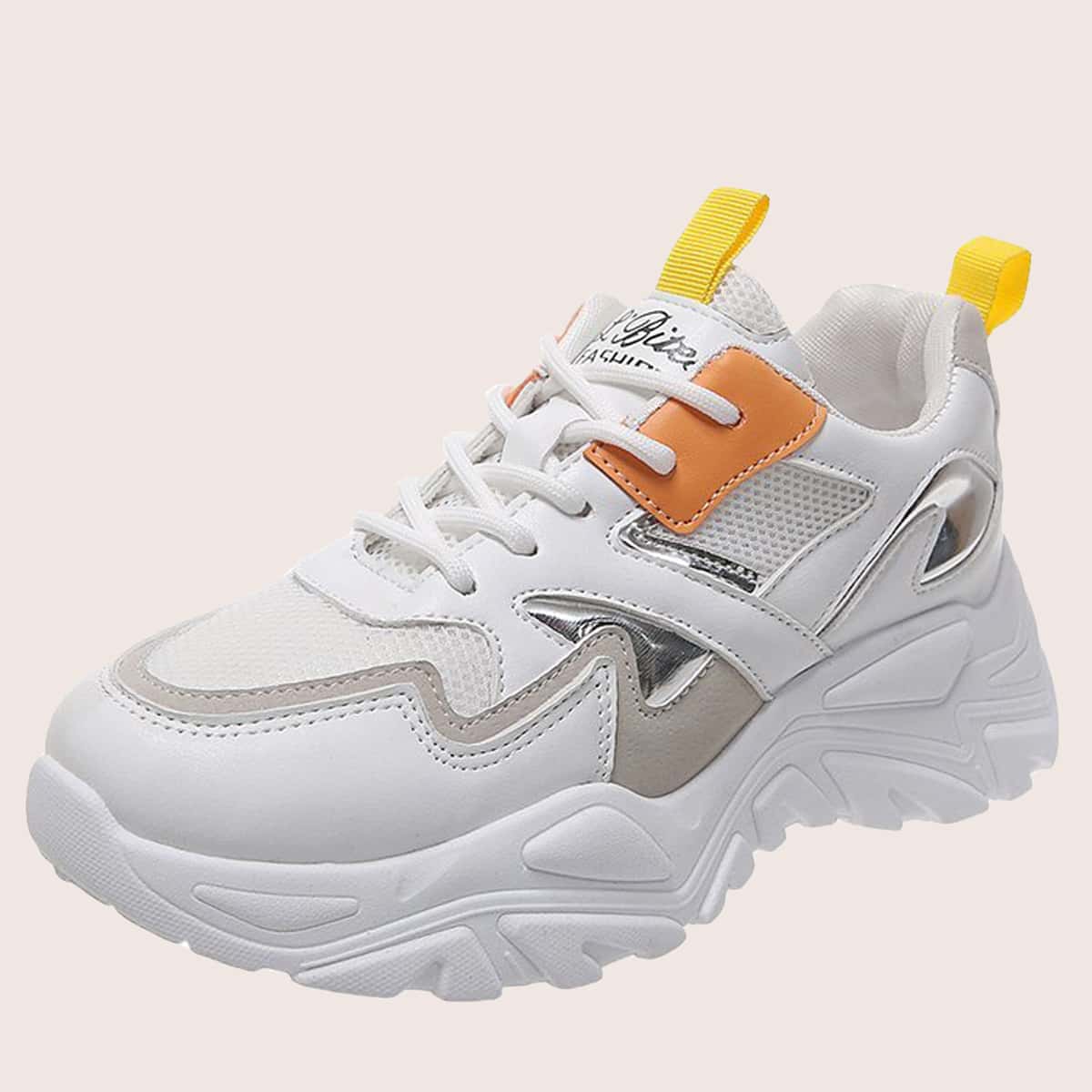 Colorblock Lace-up Mesh Chunky Sneakers, White