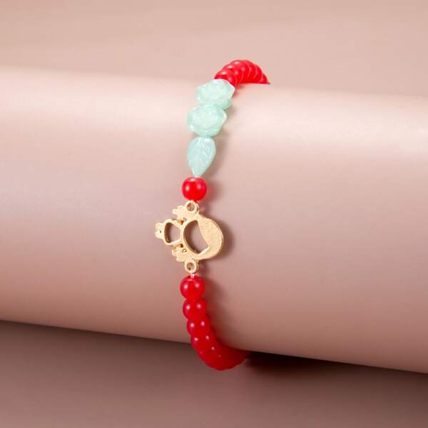 

Girls Flower Decor Beaded Bracelet, Red
