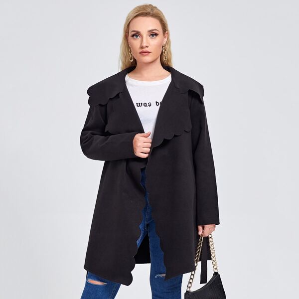 

Plus Scallop Edge Notch Collar Self Belted Coat, Black