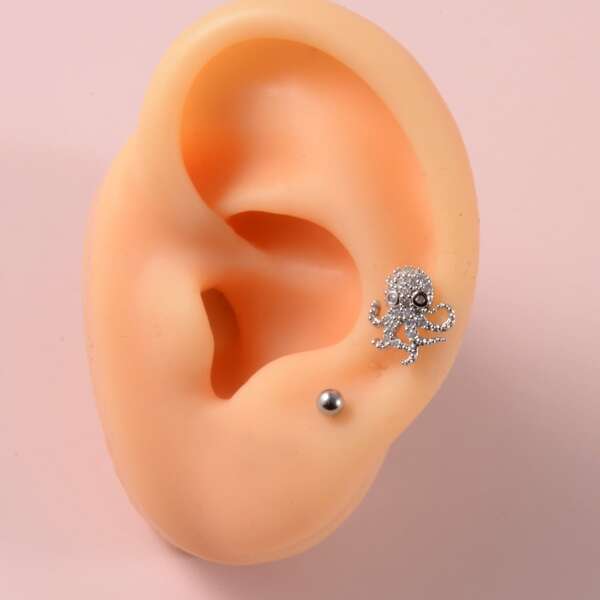 

Round Ball & Animal Decor Stud Earrings, Silver