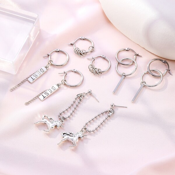 

4pairs Letter Engraved Geo Design Earrings, Silver