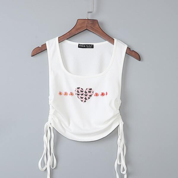 

Drawstring Side Butterfly Heart Print Tank Top, White