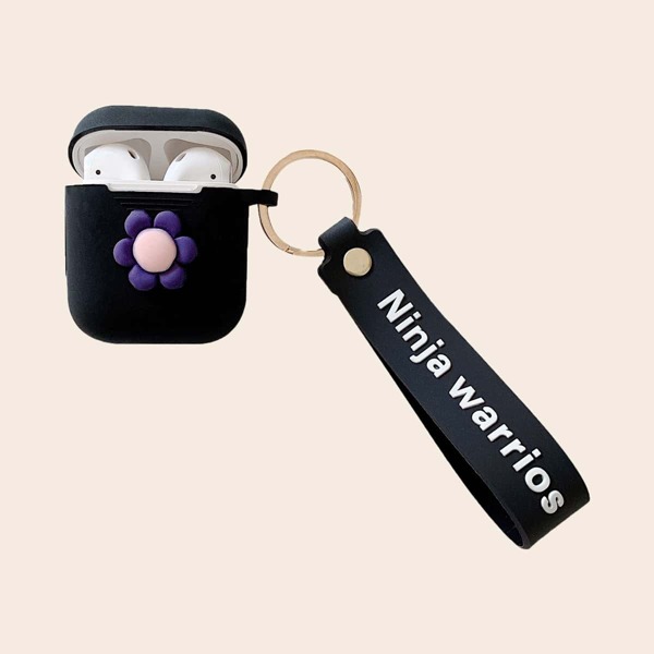 

Flower Decor Silicone Airpods Case With Keychain, Black