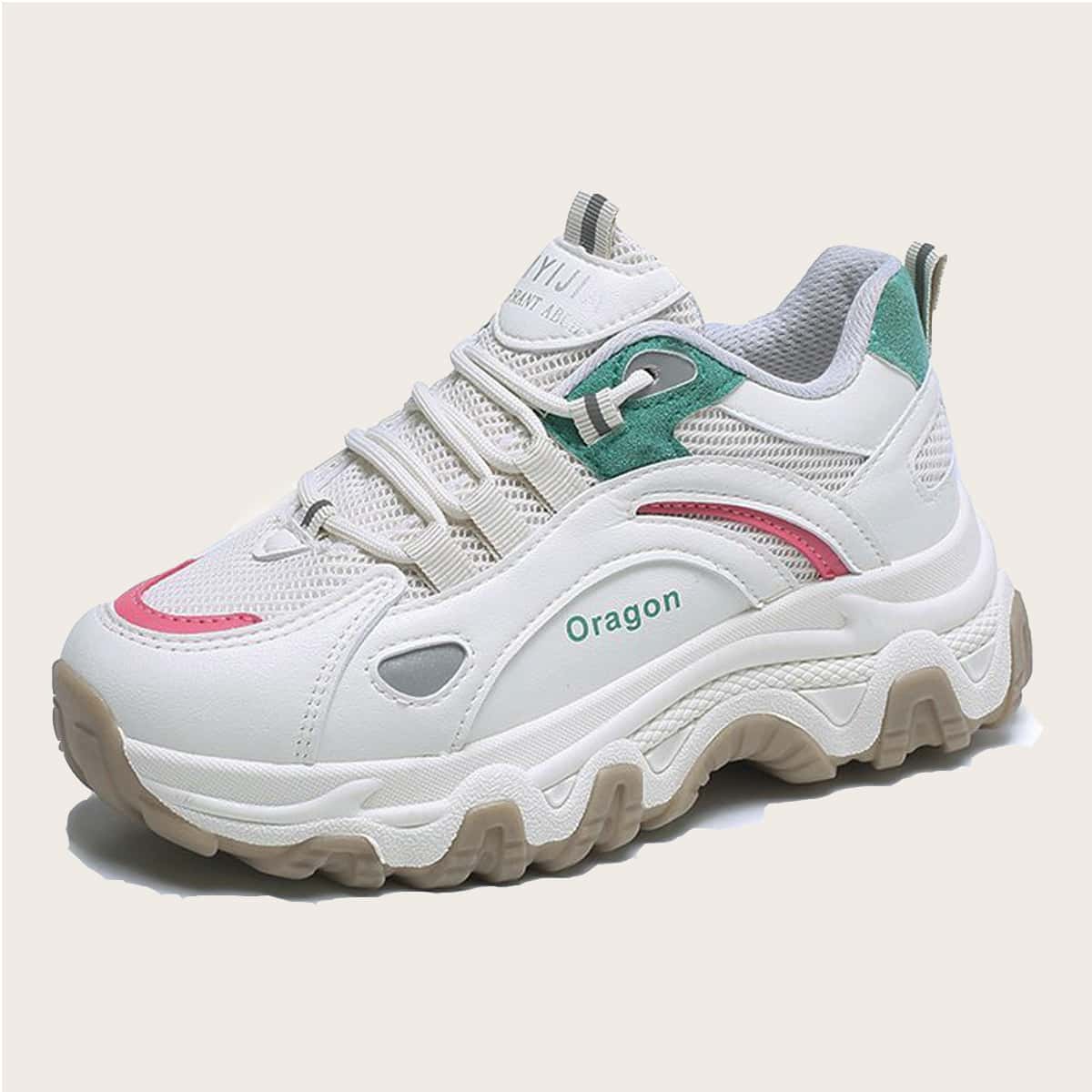

Colorblock Lace-up Mesh Chunky Sneakers, White