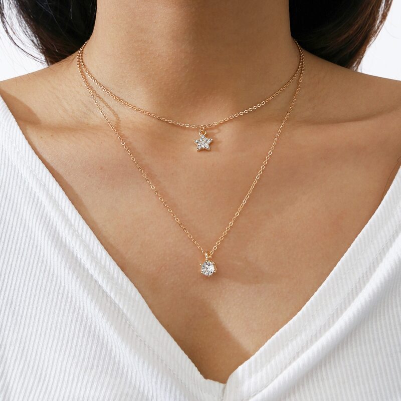 

Rhinestone Star Layered Necklace, Gold