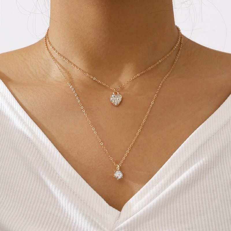 

Rhinestone Heart Layered Necklace, Gold