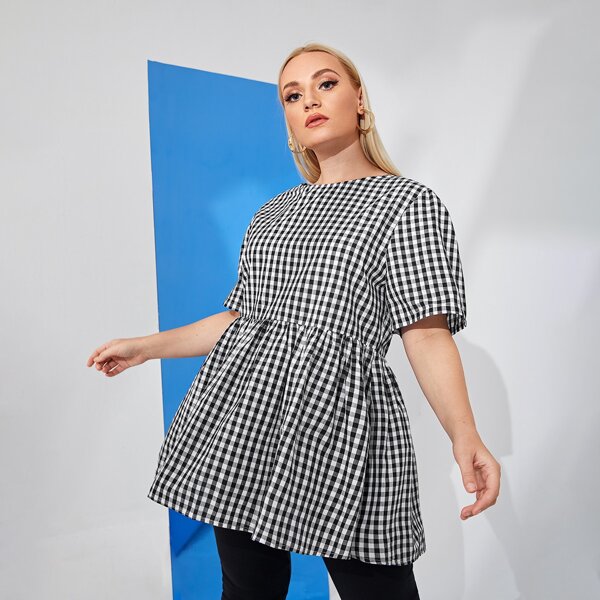 

Plus Gingham Ruffle Hem Blouse, Black and white