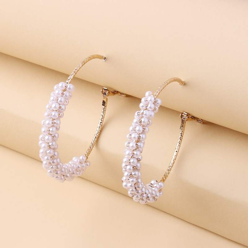 

Faux Pearl Beaded Hoop Earrings, White