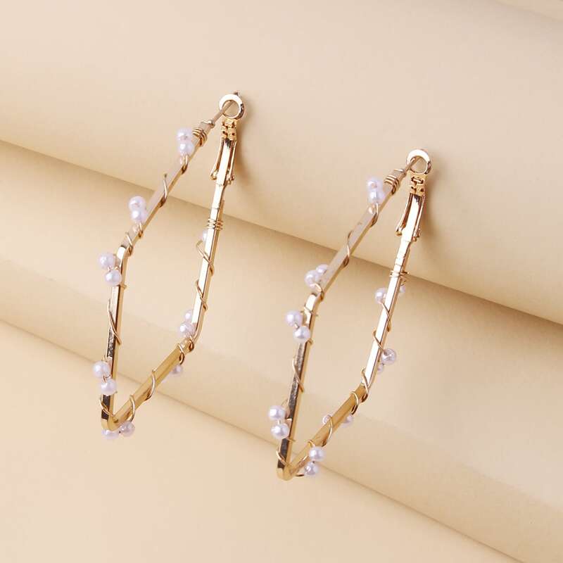 

Faux Pearl Geo Hoop Earrings, Gold