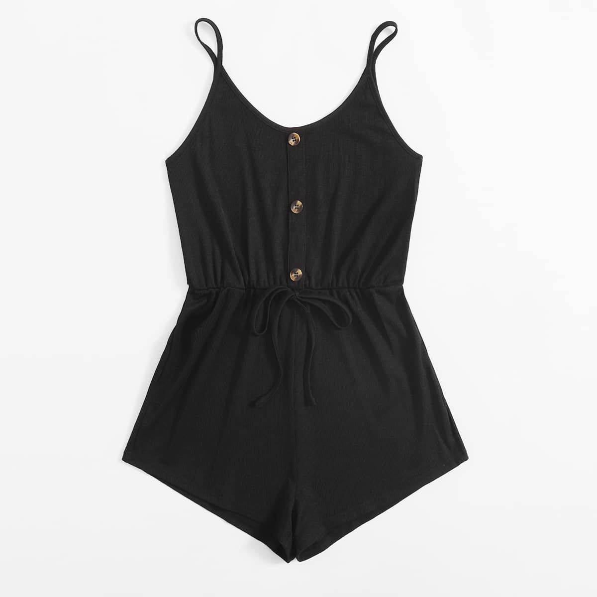 

Button Drawstring Cami Romper, Black