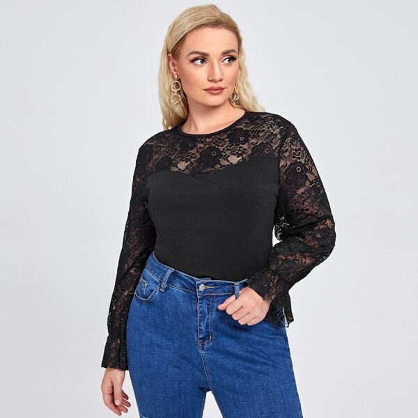 

Plus Contrast Lace Yoke Top, Black