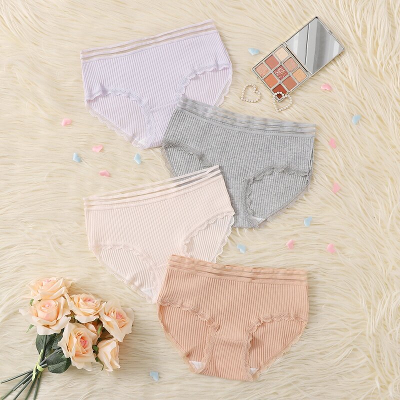 

4pack Ribbed Lace Trim Panty Set, Multicolor