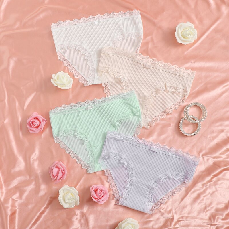 

4pack Ribbed Lace Trim Panty Set, Multicolor