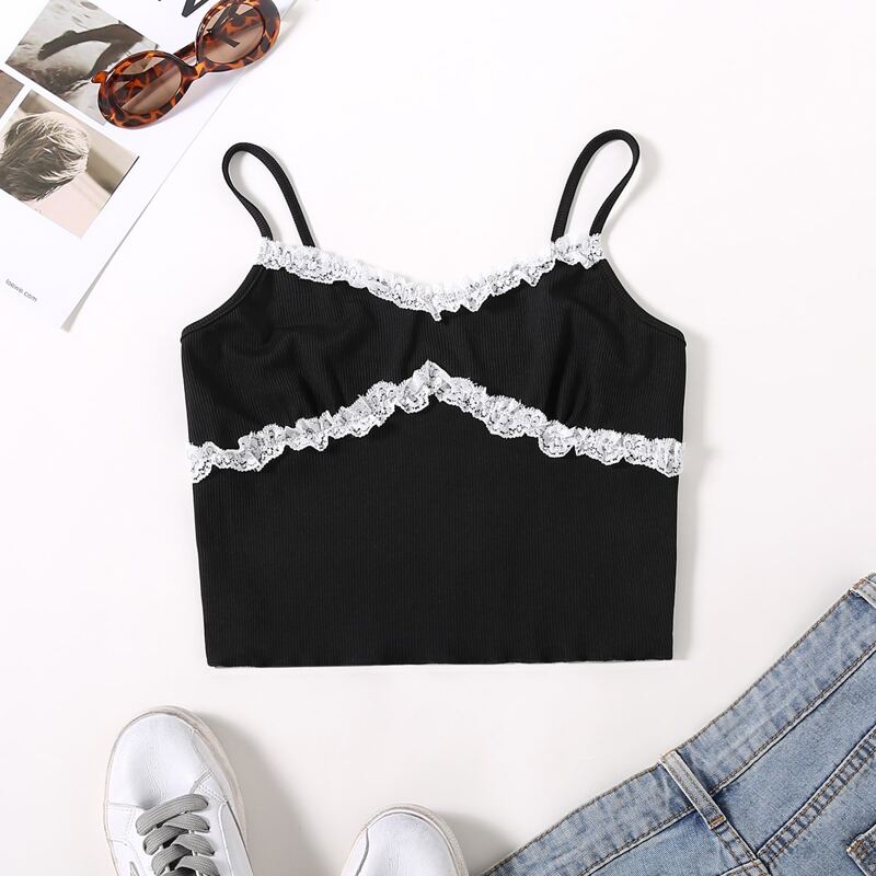 

Contrast Lace Crop Cami Top, Black