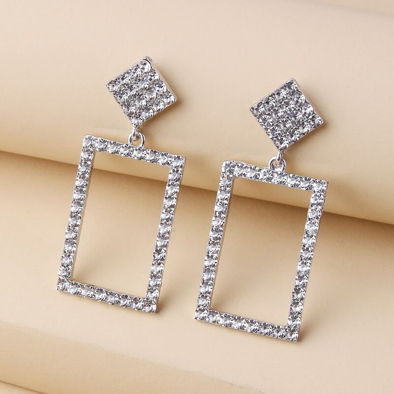 

Rhinestone Geo Drop Earrings, Silver