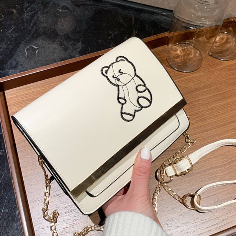 

Bear Embroidery Flap Bag, White