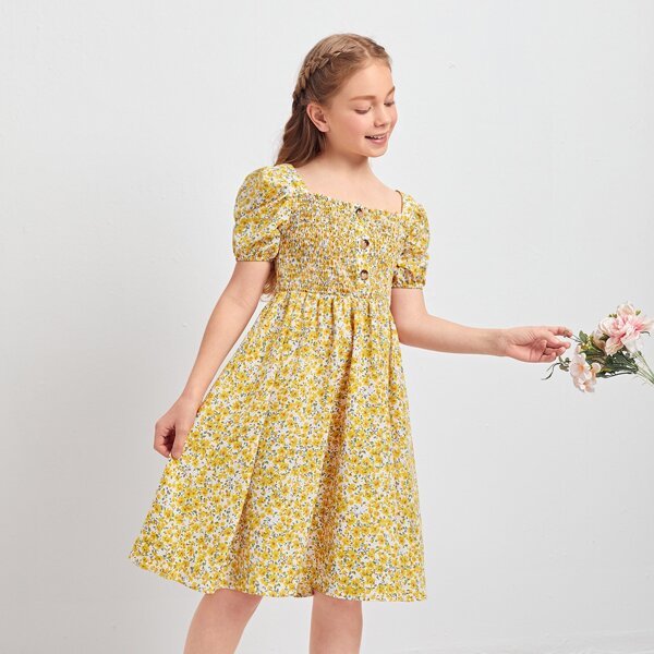 

Girls Square Neck Shirred Detail Ditsy Floral Dress, Yellow