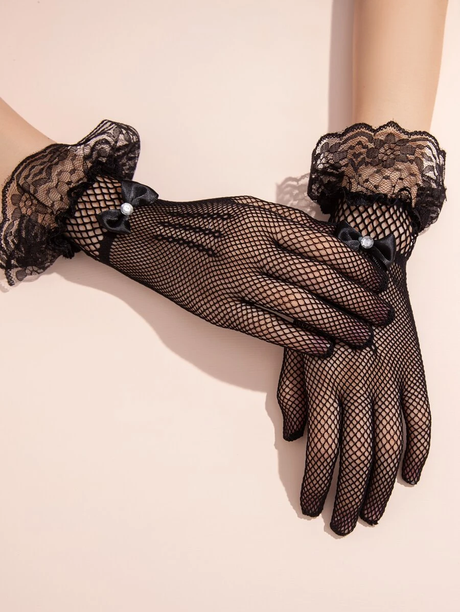 Lace Trim Gloves - Black - View 1
