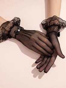 Lace Trim Gloves - Black - View 2