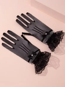 Lace Trim Gloves - Black - View 3