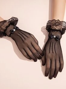 Lace Trim Gloves - Black - View 4