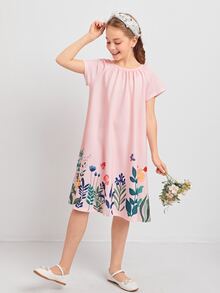 SHEIN Girls Floral Print Tee Dress - Pink - View 3