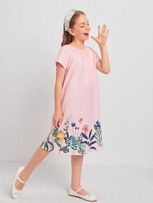 SHEIN Girls Floral Print Tee Dress - Pink - View 4