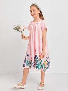 SHEIN Girls Floral Print Tee Dress - Pink - View 1