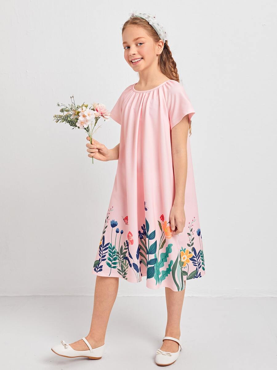SHEIN Girls Floral Print Tee Dress - Pink - View 1