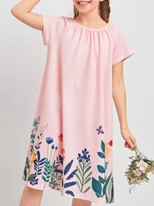 SHEIN Girls Floral Print Tee Dress - Pink - View 5