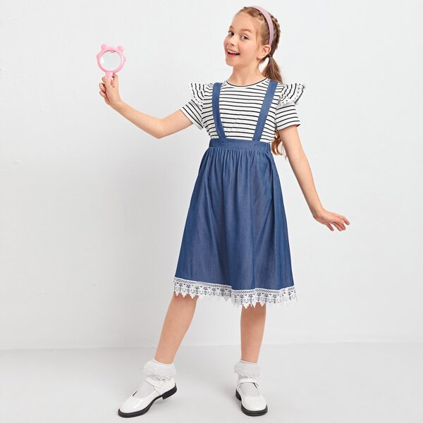 

Girls Ruffle Trim Striped Top & Guipure Lace Hem Suspender Skirt Set, Multicolor