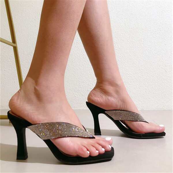 

Rhinestone Decor Thong Sandals, Black