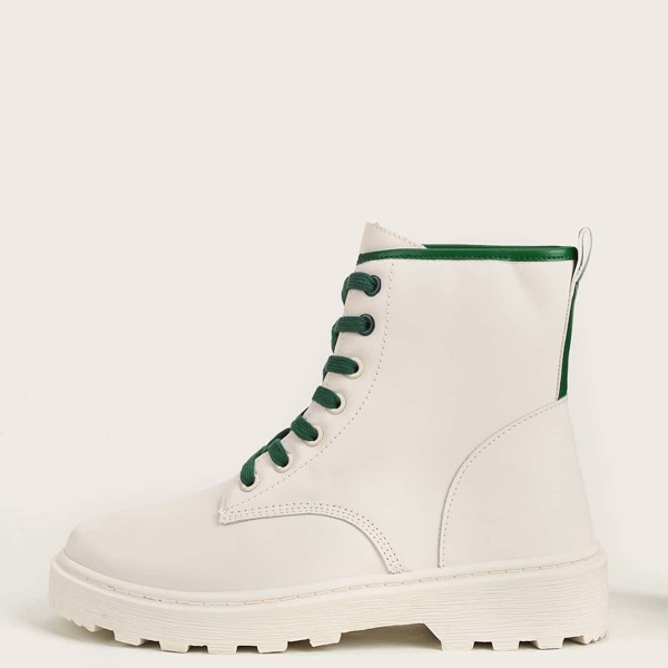 

Contrast Binding Lace-up Front Combat Boots, Beige