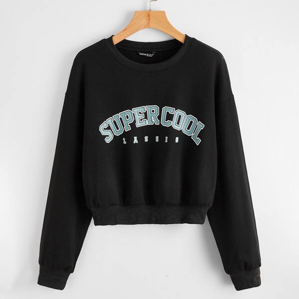 

Drop Shoulder Letter Graphic Pullover, Black