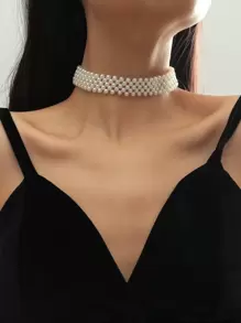 Faux Pearl Necklace Choker - White - View 1