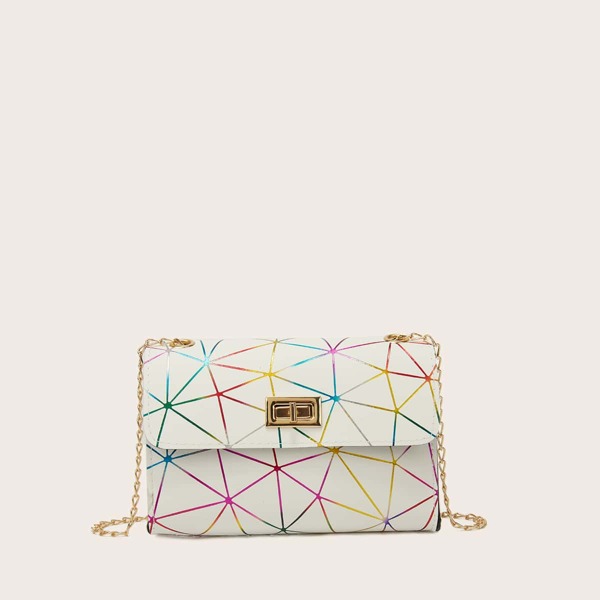 

Geometric Graphic Turn-Lock Flap Shoulder Bag, White