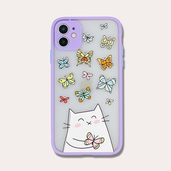 

Butterfly & Cat Pattern Contrast Frame iPhone Case, Purple