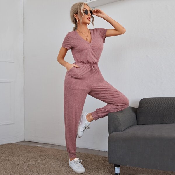

Surplice Front Tie Front Marled Jumpsuit, Mauve purple