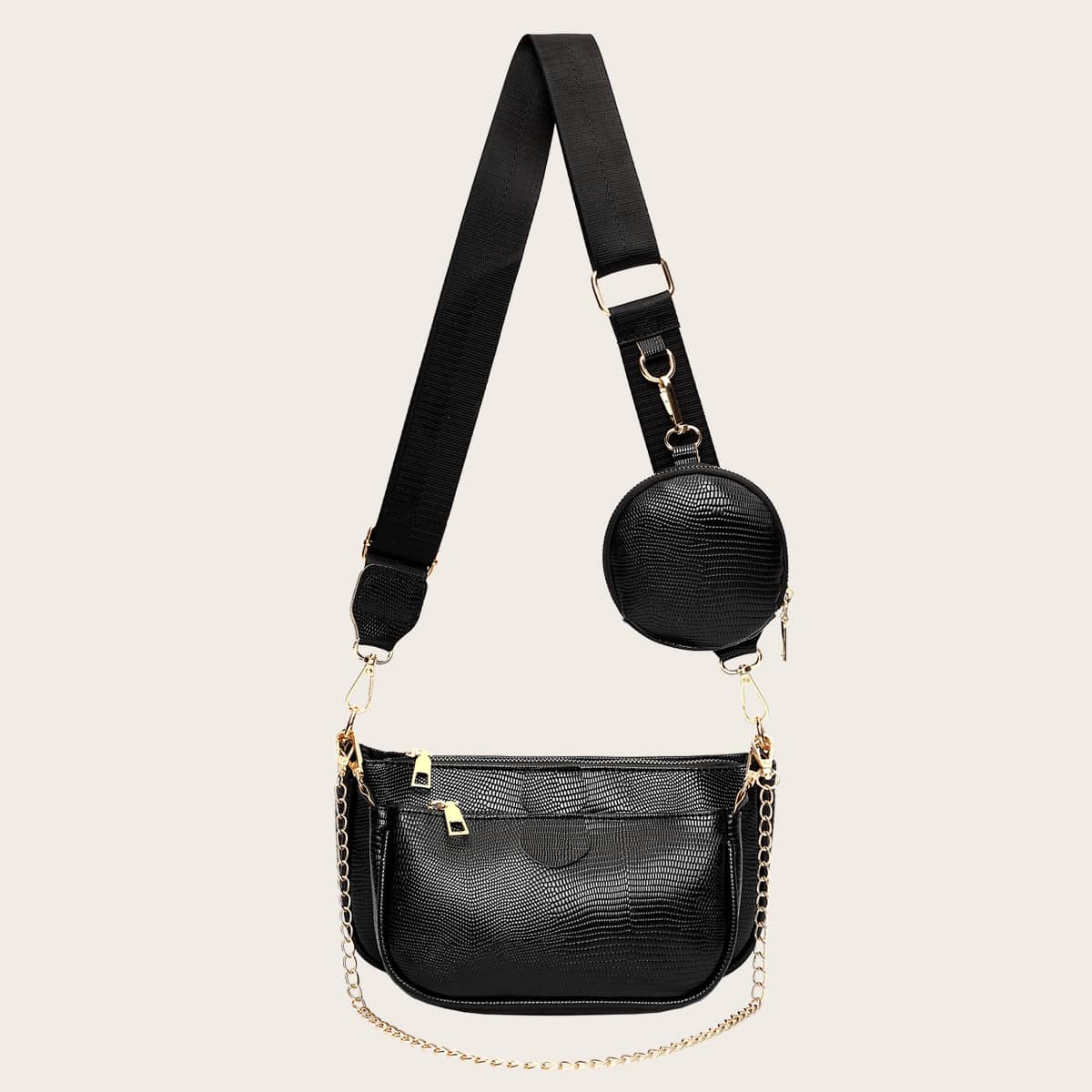 

3pcs Lizard Print Crossbody Bag Set, Black