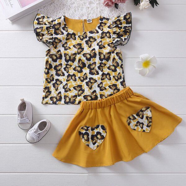 

Toddler Girls Butterfly Print Top & Heart Patched Skirt, Multicolor