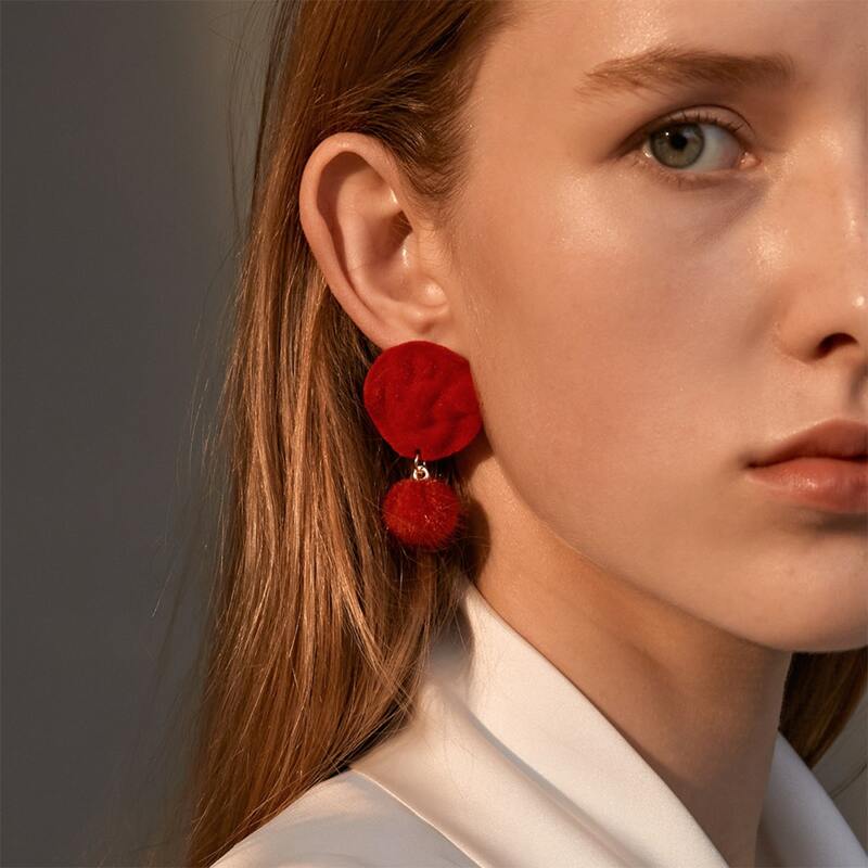 

Pom Pom Drop Earrings, Red