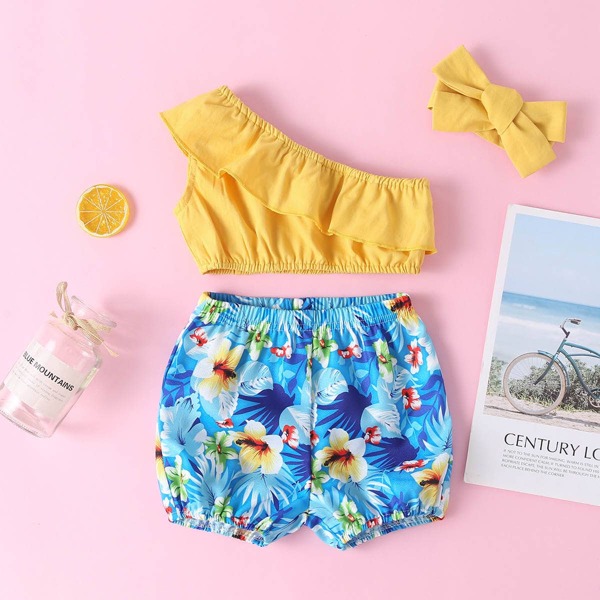 

Baby Girl One Shoulder Top & Floral Shorts & Headband, Multicolor
