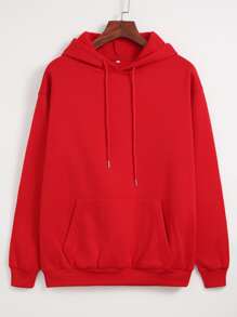 SHEIN EZwear Solid Thermal Lined Drawstring Hoodie - Red - View 1