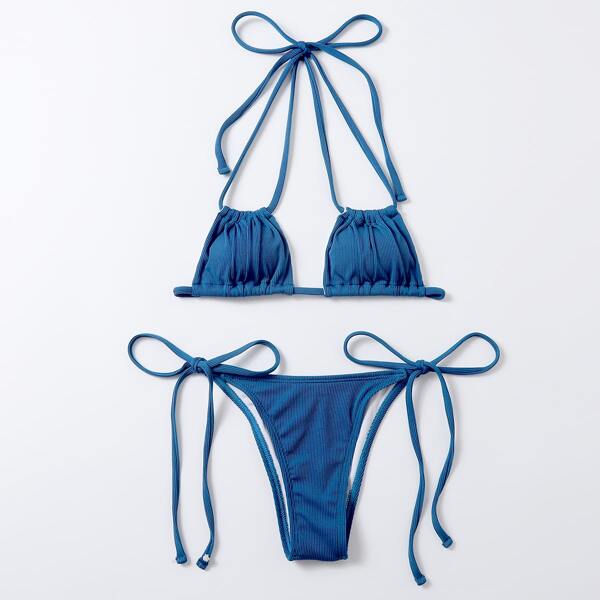 

Rib Triangle Thong Bikini Swimsuit, Navy blue