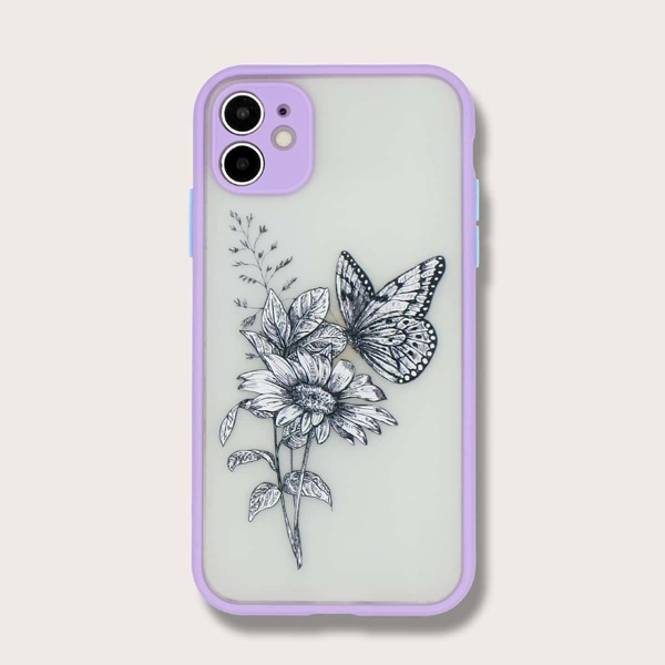 

Butterfly & Flower Pattern iPhone Case, Purple