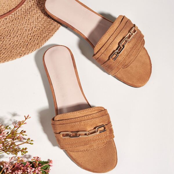 

Chain Decor Slide Sandals, Brown