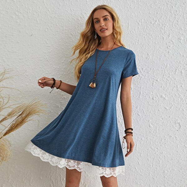 

Contrast Embroidered Mesh Hem Dress, Dusty blue
