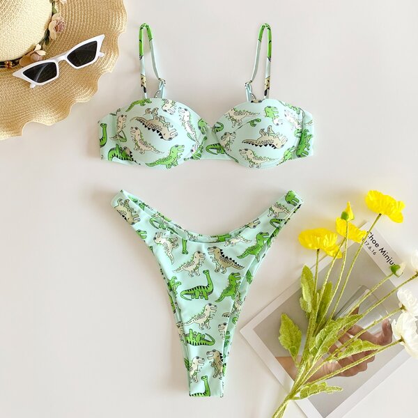

Dinosaur Print Underwire Bikini Swimsuit, Green