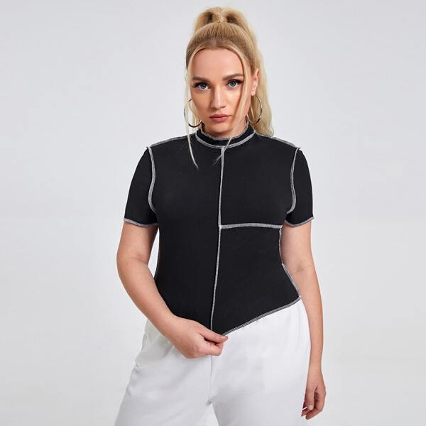 

Plus Mock Neck Contrast Stitch Tee, Black