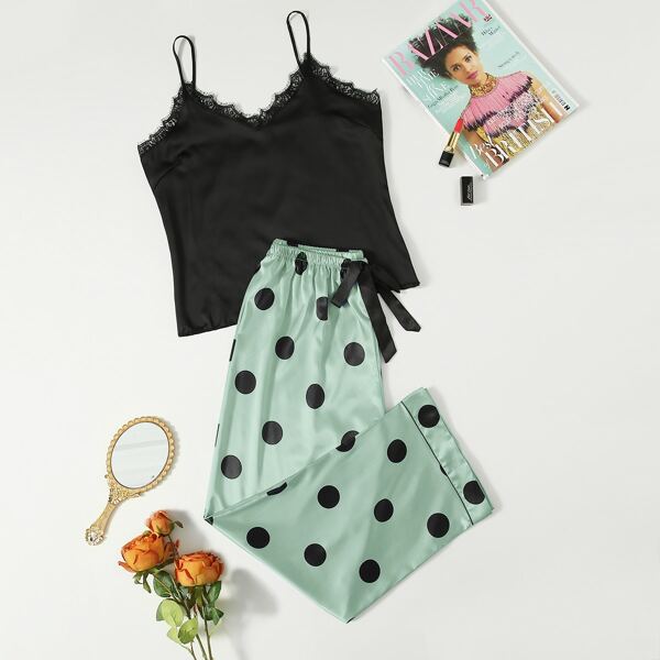 

Plus Lace Trim Polka Dot Satin PJ Set, Multicolor